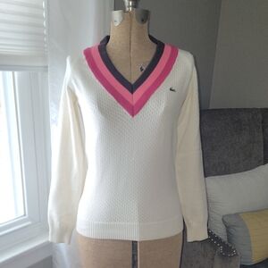 Vintage Lacoste Women's V-Neck Sweater in Cream and Pink